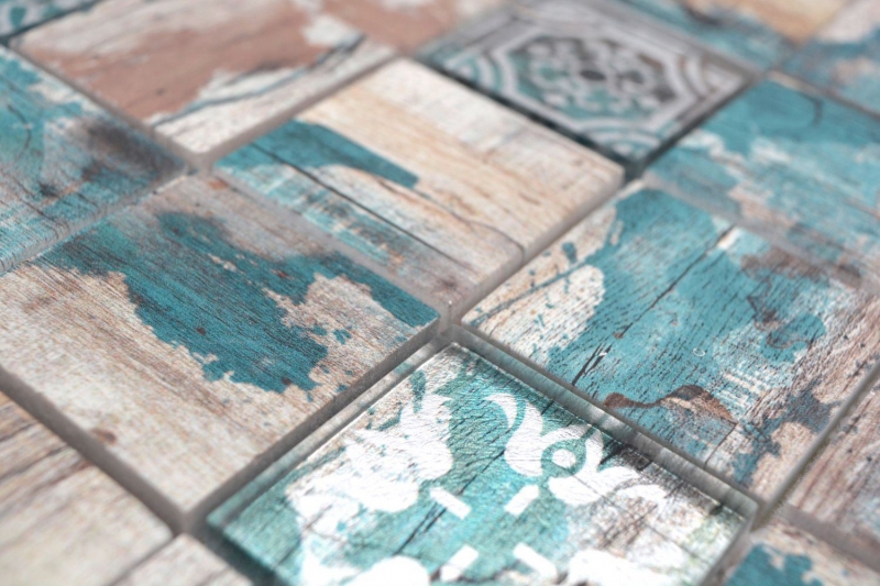 Azulejo de mosaico de vidrio Medio Vintage Patchwork beige pertrol aspecto madera ornamento MOS160-W800