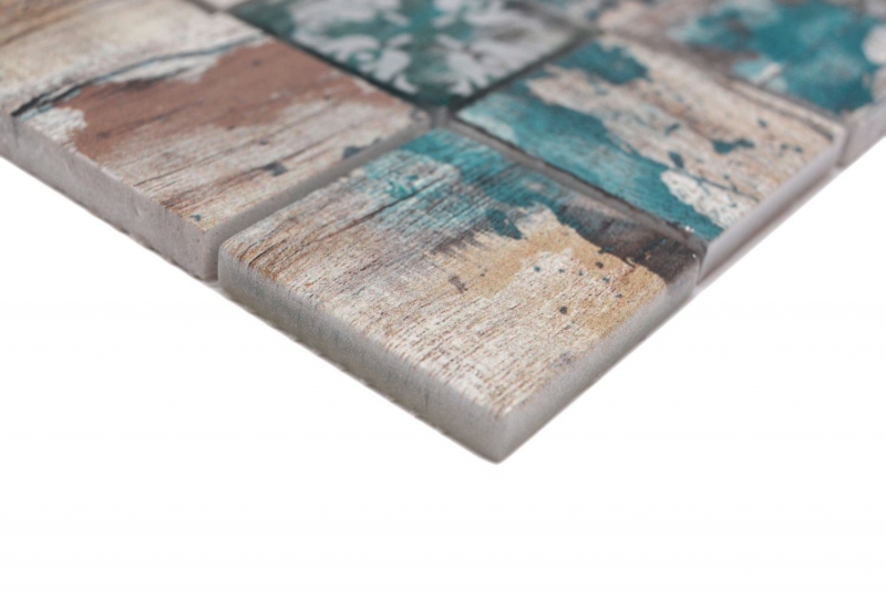 Azulejo de mosaico de vidrio Medio Vintage Patchwork beige pertrol aspecto madera ornamento MOS160-W800