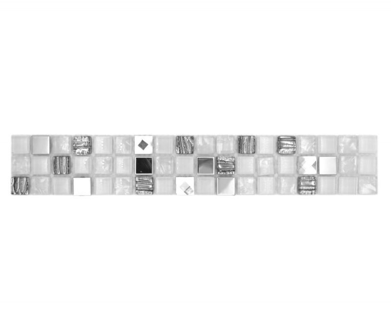 Borde de mosaico Borde de mosaico de vidrio mezcla de acero blanco e incrustación de metal MOS92BOR-0107