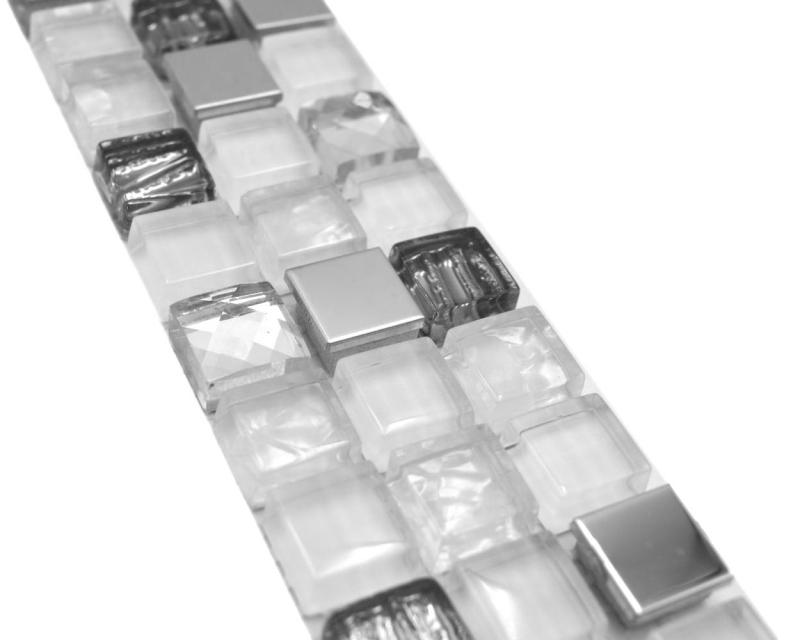 Borde de mosaico Borde de mosaico de vidrio mezcla de acero blanco e incrustación de metal MOS92BOR-0107