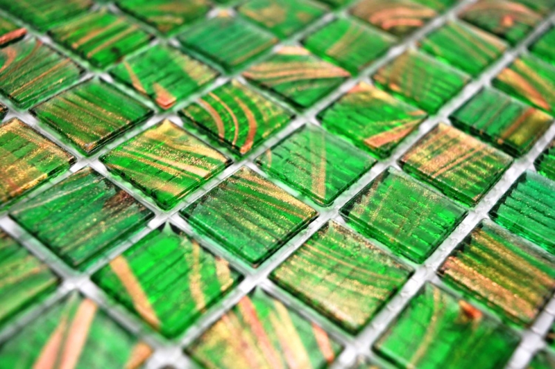 Azulejo de mosaico de vidrio verde perla claro verde claro oro cobre iridiscente MOS230-G24