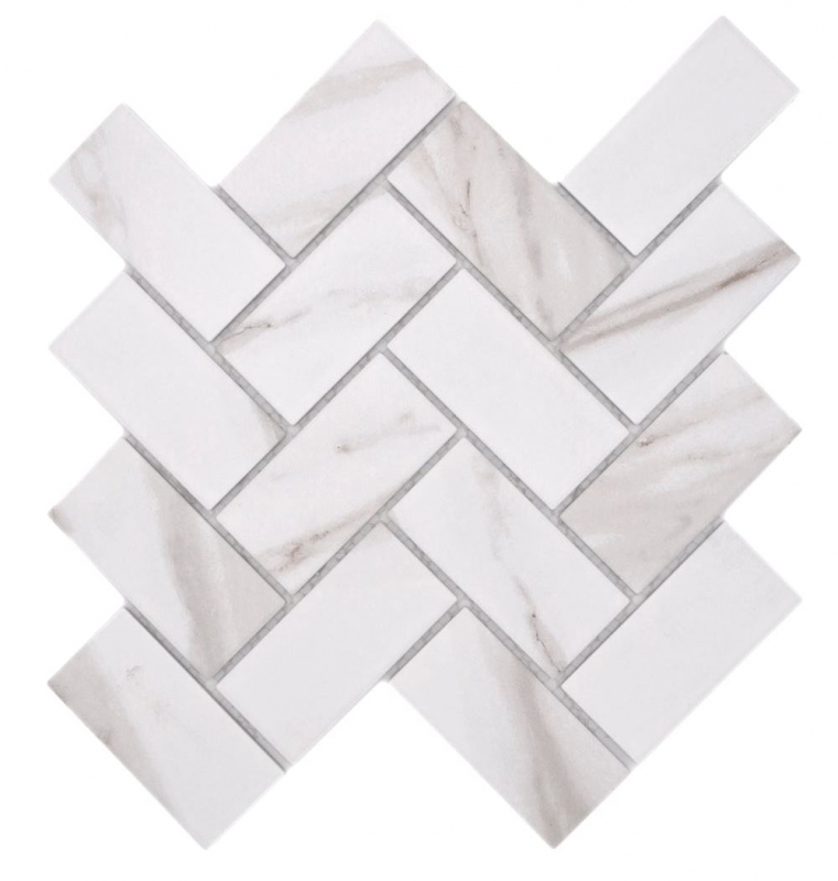 Muestrario de mano mosaico cerámico espiga Calacatta blanco gris-marrón mate MOS24-1112_m