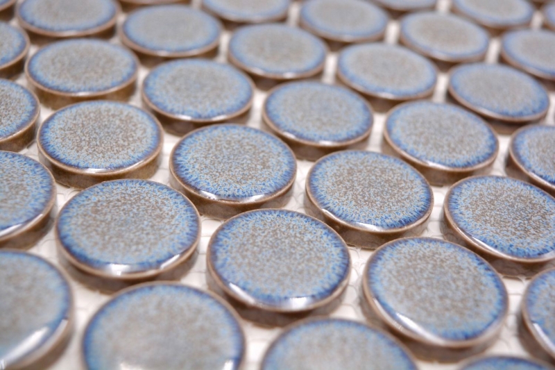 Muestra de mano cerámica mosaico azulejo Button Loop Penny Round uni gris azul antracita brillante MOS10-0204GR_m
