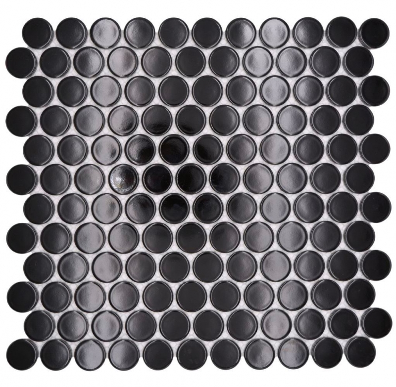 Muestra de mano cerámica mosaico azulejo botón lazo penny redondo uni negro brillante MOS10-0300GR_m