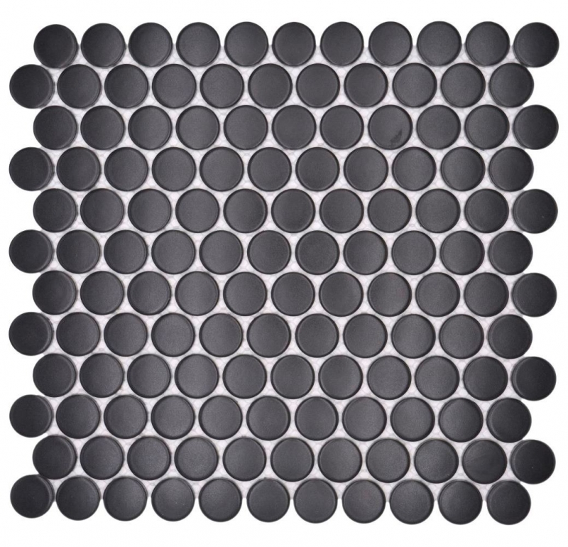 Muestra de mano cerámica mosaico azulejo botón lazo penny redondo uni negro mate MOS10-0311GR_m