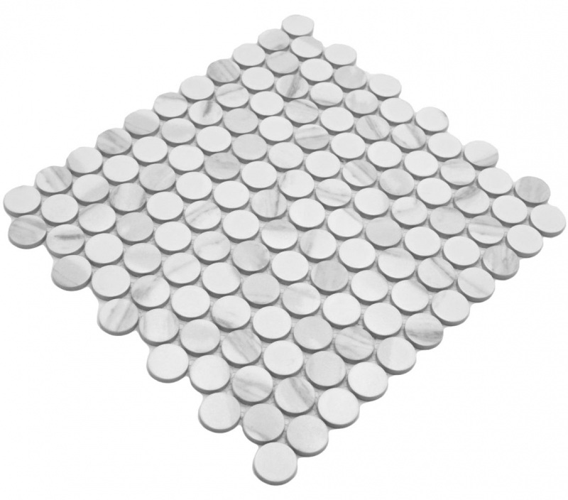 Muestra de mano azulejo mosaico cerámico Button Loop Penny Round Cararra blanco gris mate MOS10-1102GR_m