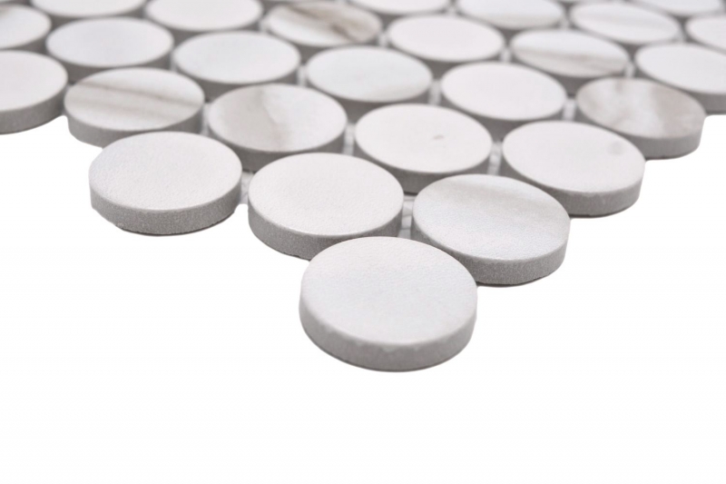 Muestra de mano mosaico cerámico Button Loop Penny Round Calacatta blanco gris-marrón mate MOS10-1112GR_m