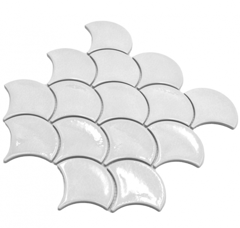 Muestra de mano cerámica mosaico azulejo ventilador peces escala liso blanco hielo craquelado estilo MOS13-FS1_m