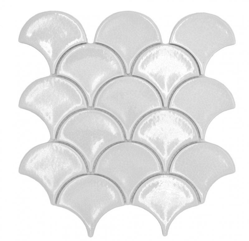 Muestra de mano cerámica mosaico azulejo ventilador peces escala liso blanco hielo craquelado estilo MOS13-FS1_m
