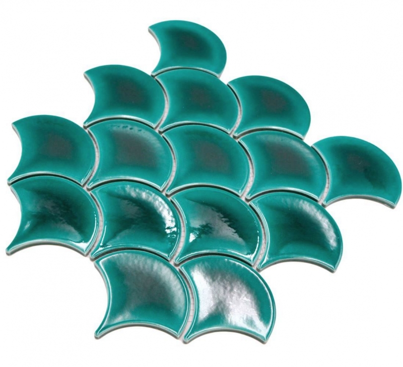 Muestra de mano cerámica mosaico azulejo abanico escamas de pescado uni verde oscuro hielo craquelado estilo MOS13-FS5_m