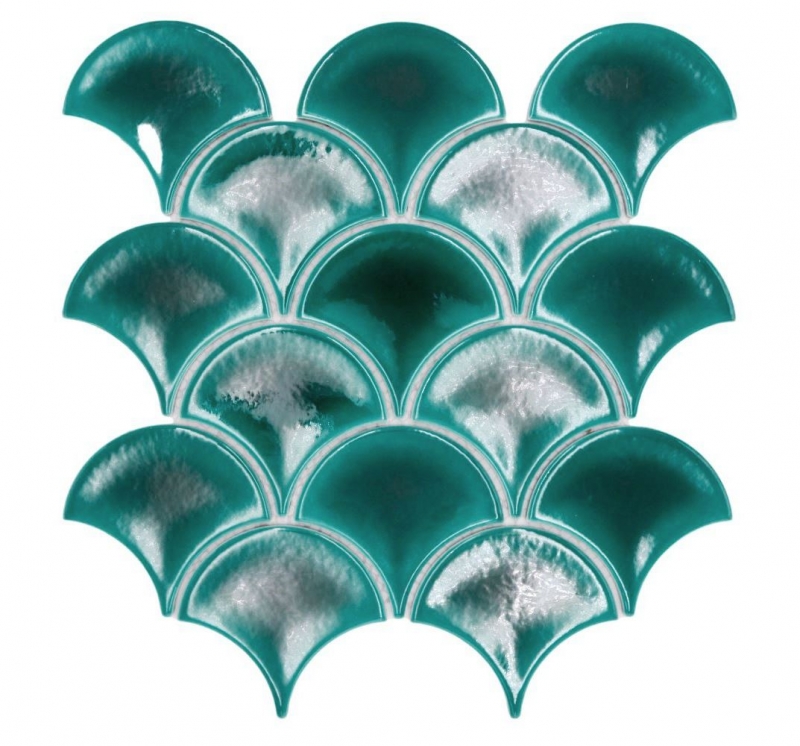 Muestra de mano cerámica mosaico azulejo abanico escamas de pescado uni verde oscuro hielo craquelado estilo MOS13-FS5_m