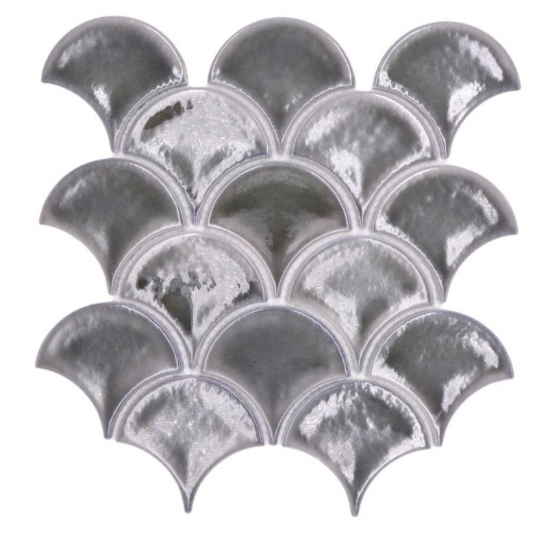 Muestra de mano cerámica mosaico azulejo ventilador peces escala uni gris oscuro hielo craquelado estilo MOS13-FS7_m