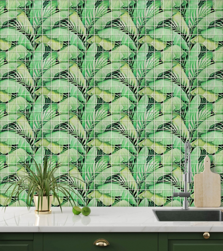 Muestra de mano mosaico de vidrio mosaico azulejo selva tropical verde hojas óptica MOS88-Pic01_m