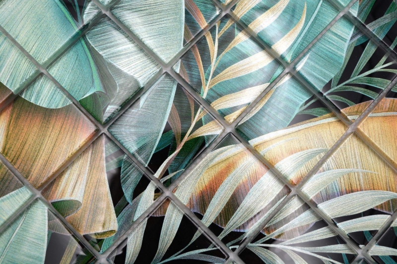Muestra de mano mosaico de vidrio mosaico azulejo selva tropical verde marrón hojas mirada MOS88-Pic07_m