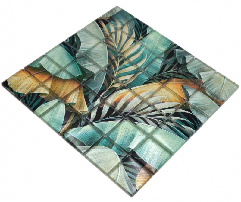 Muestra de mano mosaico de vidrio mosaico azulejo selva tropical verde marrón hojas mirada MOS88-Pic07_m