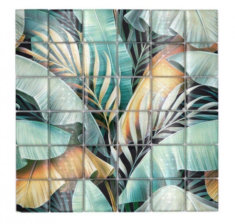 Muestra de mano mosaico de vidrio mosaico azulejo selva tropical verde marrón hojas mirada MOS88-Pic07_m