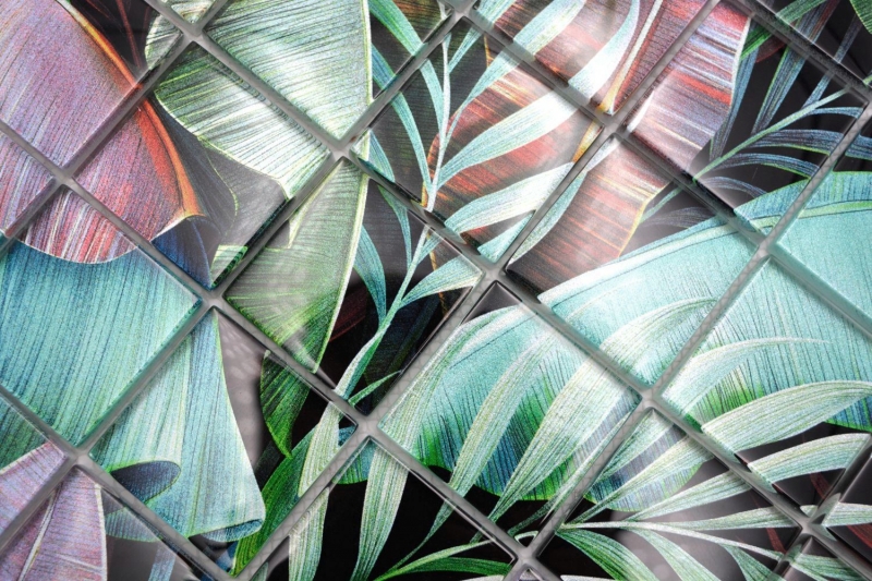 Muestra de mano mosaico de vidrio mosaico azulejo selva tropical verde púrpura hojas óptica MOS88-Pic09_m
