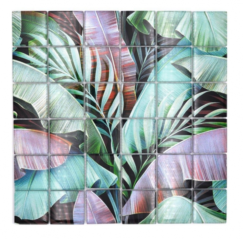 Muestra de mano mosaico de vidrio mosaico azulejo selva tropical verde púrpura hojas óptica MOS88-Pic09_m
