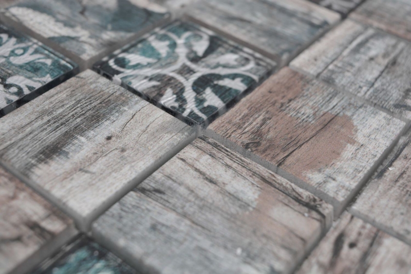 Muestra de mano mosaico de vidrio mosaico azulejo Medio Vintage Patchwork gris marrón pastel verde efecto madera ornamento MOS160-W900_m