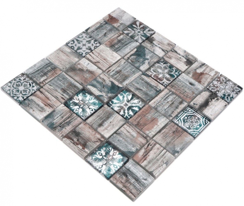 Muestra de mano mosaico de vidrio mosaico azulejo Medio Vintage Patchwork gris marrón pastel verde efecto madera ornamento MOS160-W900_m