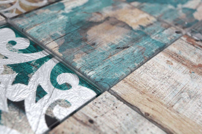Muestra de mano mosaico de vidrio mosaico azulejo Piastrella Vintage Patchwork beige pertrol efecto madera ornamento MOS160-W850_m