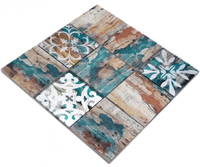 Muestra de mano mosaico de vidrio mosaico azulejo Piastrella Vintage Patchwork beige pertrol efecto madera ornamento MOS160-W850_m
