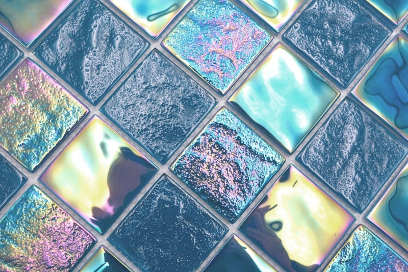 Muestra de mano mosaico de vidrio mosaico azulejo medio flip flop iridiscente negro zafiro multicolor MOS66-S63-48_m