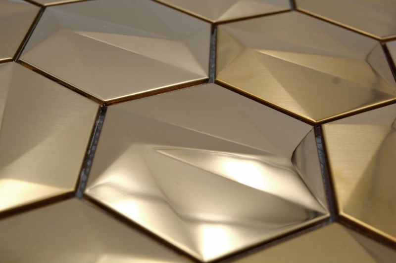 Muestra de mano acero inoxidable hexágono mosaico azulejos 3D acero oro brillante/mate MOS128-GO_m