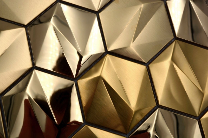 Muestra de mano acero inoxidable hexágono mosaico azulejos 3D acero oro brillante/mate MOS128-GO_m