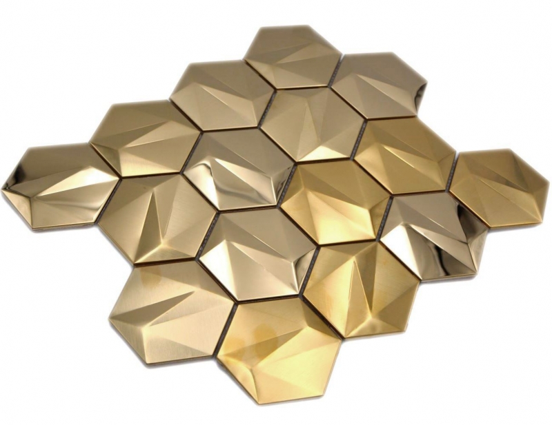 Muestra de mano acero inoxidable hexágono mosaico azulejos 3D acero oro brillante/mate MOS128-GO_m