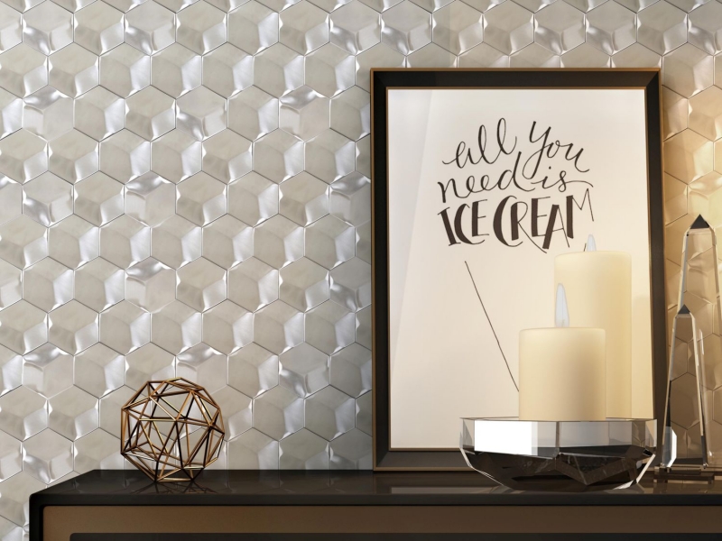 Muestra de mano acero inoxidable Hexágono mosaico azulejos Hexágono 3D acero Titanio brillante/mate MOS128-SB_m