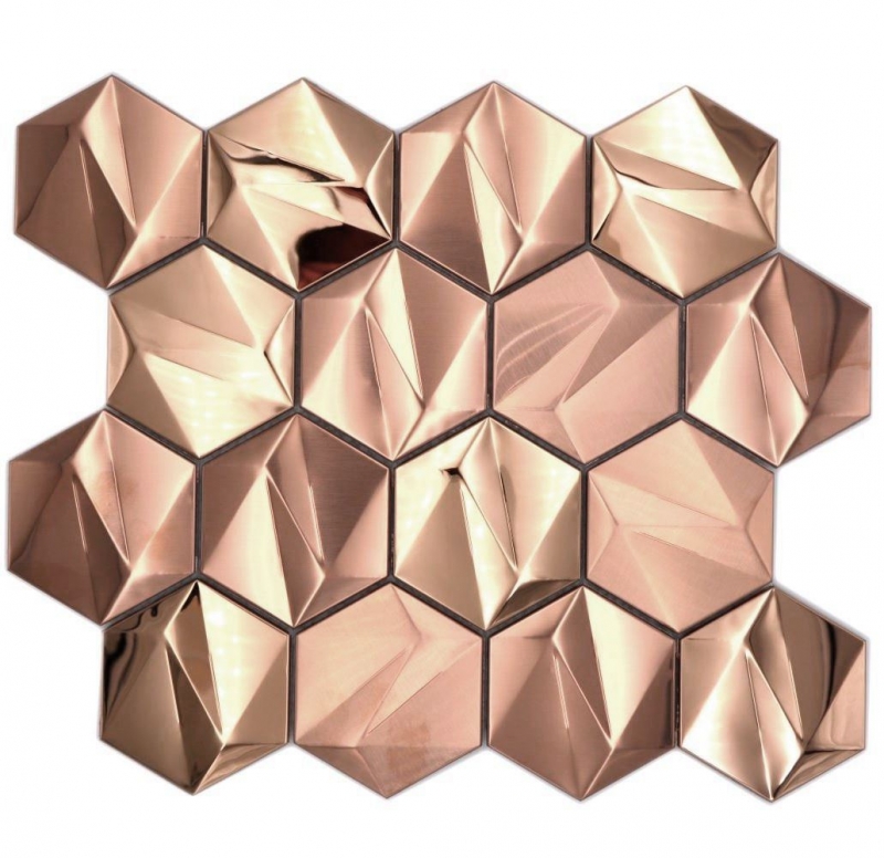 Mano patrón de acero inoxidable hexágono mosaico azulejos 3D acero oro rosa brillante/matt MOS128-BR_m