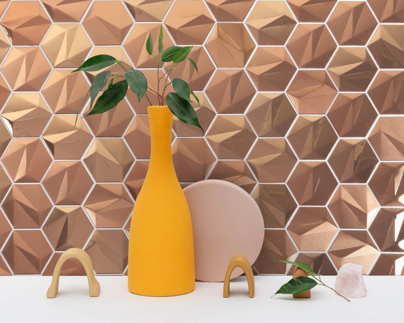 Mano patrón de acero inoxidable hexágono mosaico azulejos 3D acero oro rosa brillante/matt MOS128-BR_m