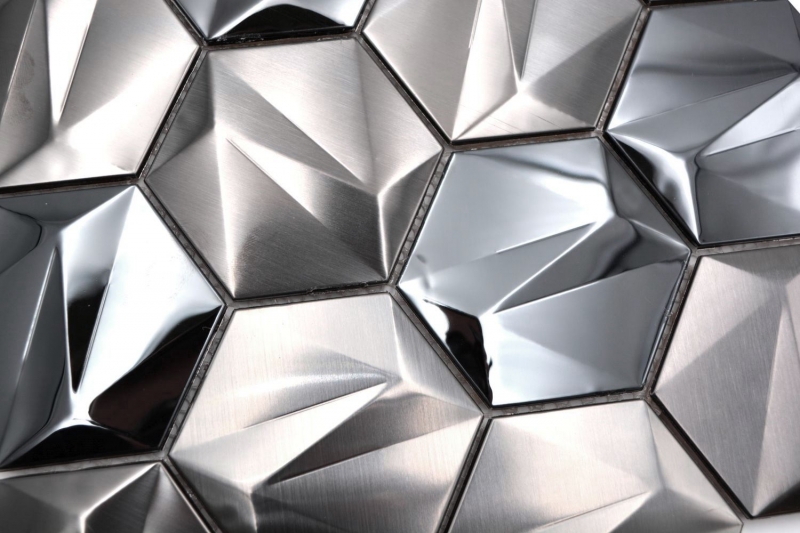 Muestra de mano acero inoxidable hexágono mosaico azulejos 3D acero tungsteno brillante/mate MOS128-PL_m