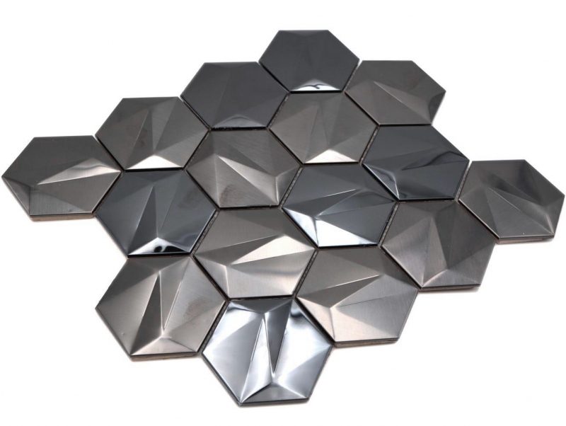 Muestra de mano acero inoxidable hexágono mosaico azulejos 3D acero tungsteno brillante/mate MOS128-PL_m