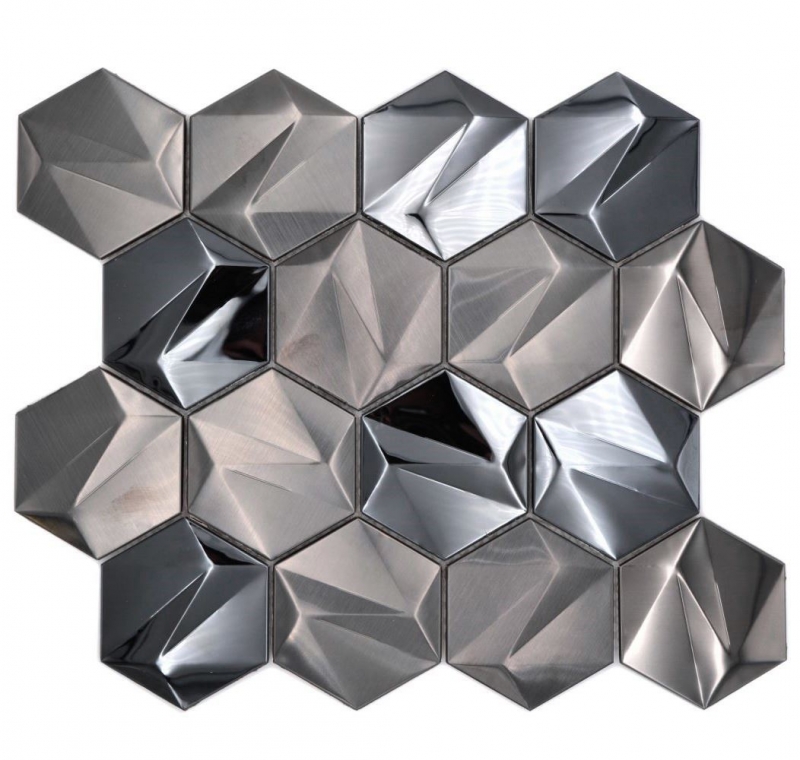 Muestra de mano acero inoxidable hexágono mosaico azulejos 3D acero tungsteno brillante/mate MOS128-PL_m