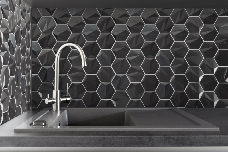 Muestra de mano acero inoxidable hexágono mosaico azulejos 3D acero tungsteno brillante/mate MOS128-PL_m