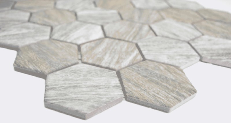 Muestra de mano cerámica mosaico hexágono efecto madera gris mosaico azulejo pared azulejo backsplash cocina baño MOS11H-0200_m