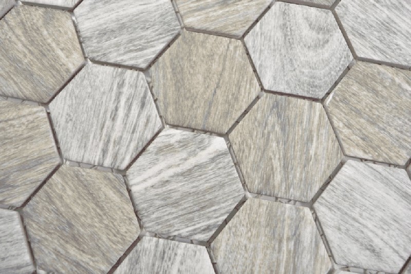 Muestra de mano cerámica mosaico hexágono efecto madera gris mosaico azulejo pared azulejo backsplash cocina baño MOS11H-0200_m