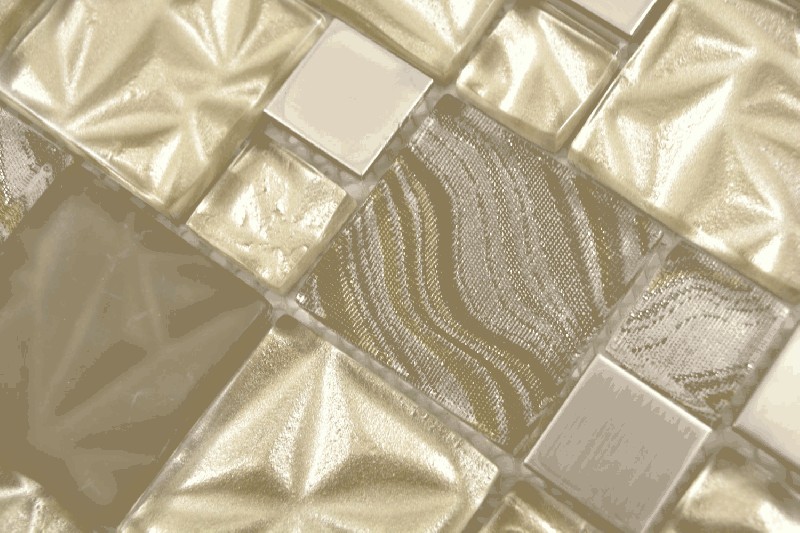 Muestra de mano multi mosaico de vidrio acero mosaico azulejos mezcla beige marrón brillante MOS88-1207_m