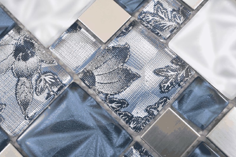Muestra de mano multi mosaico de vidrio acero mosaico azulejos mezcla gris azul brillante MOS88-0402_m