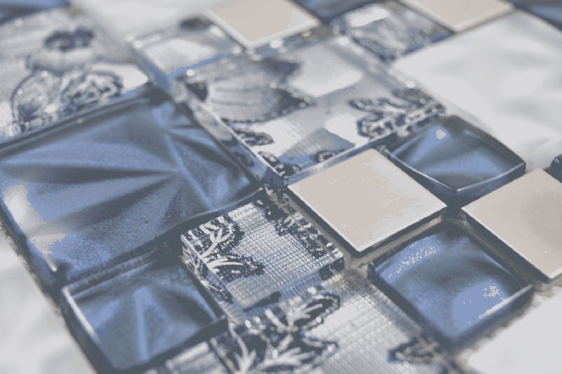 Muestra de mano multi mosaico de vidrio acero mosaico azulejos mezcla gris azul brillante MOS88-0402_m