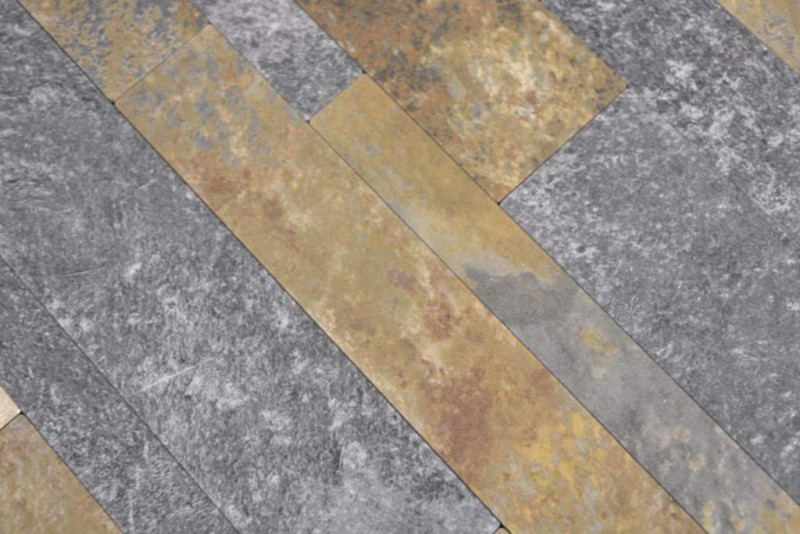 Muestra de mano vinilo compuesto efecto piedra Multi Pizarra/Oro pared azulejo backsplash cocina ducha baño MOS200-8MSG_m