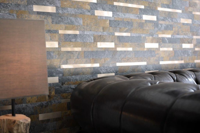 Muestra de mano vinilo compuesto efecto piedra Multi Pizarra/Oro pared azulejo backsplash cocina ducha baño MOS200-8MSG_m