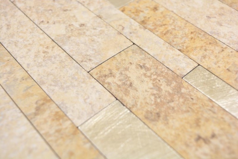 Muestra de mano vinilo compuesto efecto piedra Caliza marrón/oro mosaico azulejo pared backsplash MOS200-36LBG