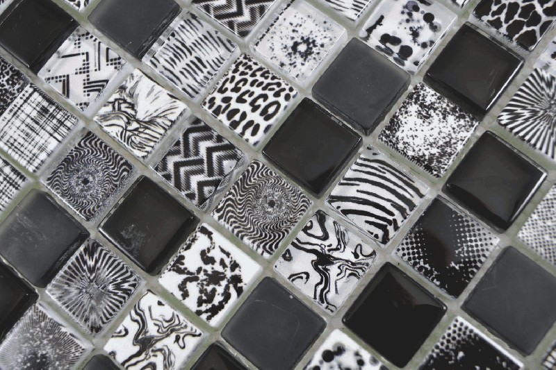 Muestra de mano cuadrado Crystal mix negro pared azulejo backsplash MOS74-0322_m