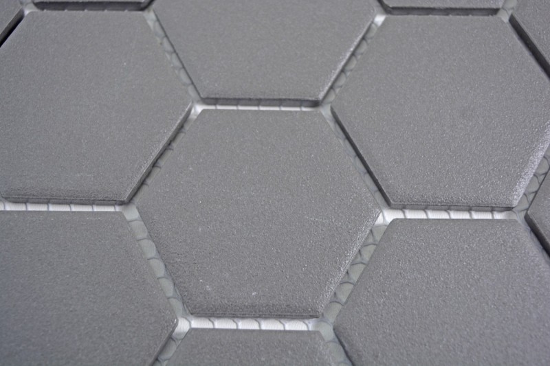 Muestra de mano azulejo mosaico cerámica hexágono gris oscuro sin esmaltar MOS11B-0213-R10_m