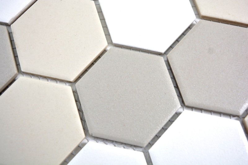 Muestra de mano azulejo mosaico cerámica hexágono blanco beige claro gris claro sin esmaltar MOS11B-1122-R10_m