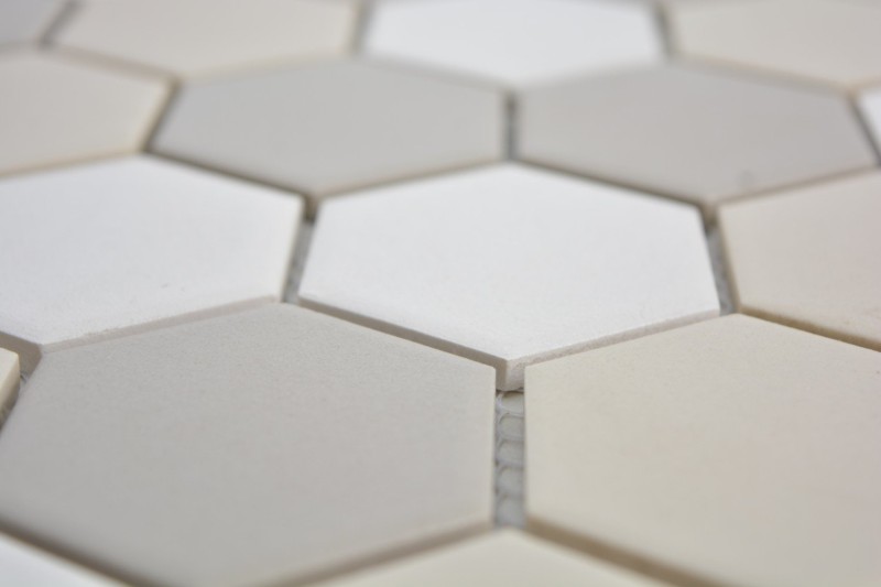 Muestra de mano azulejo mosaico cerámica hexágono blanco beige claro gris claro sin esmaltar MOS11B-1122-R10_m