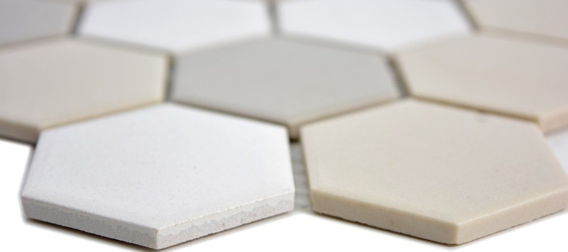 Muestra de mano azulejo mosaico cerámica hexágono blanco beige claro gris claro sin esmaltar MOS11B-1122-R10_m